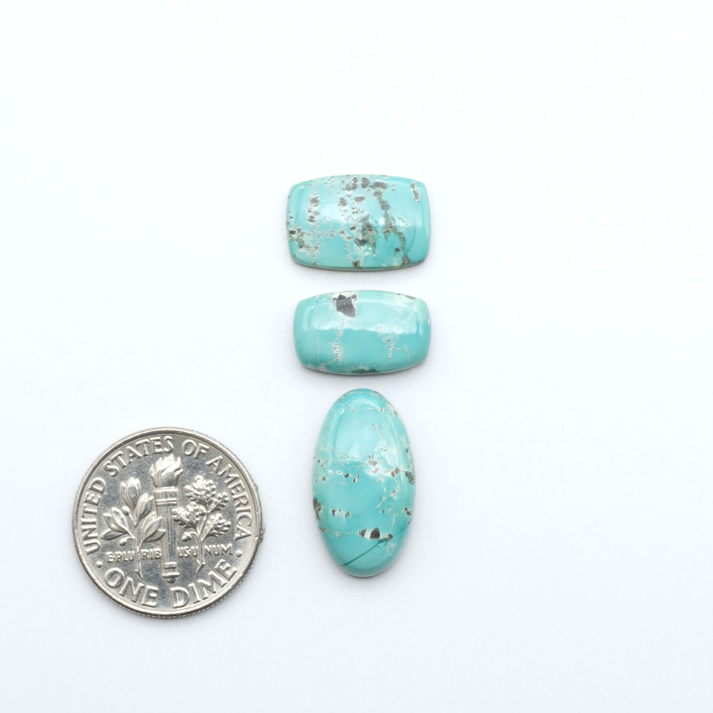 Fox Turquoise cabochons, polished gemstones with natural matrix on a white background, with a US dime for scale