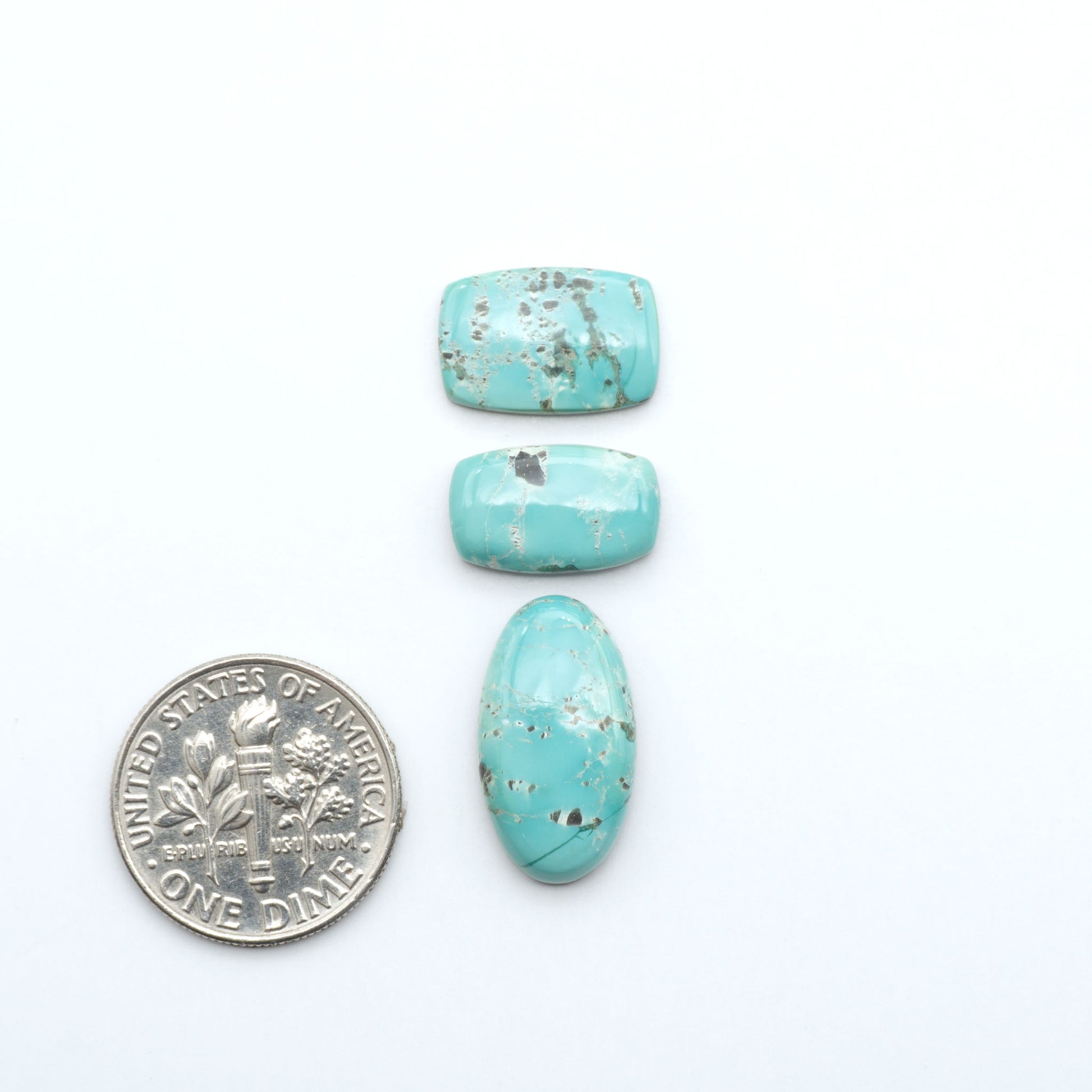 Fox Turquoise cabochons, polished gemstones with natural matrix on a white background, with a US dime for scale