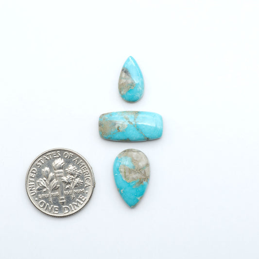 Fox Turquoise cabochons, polished gemstones with natural matrix on a white background, with a US dime for scale