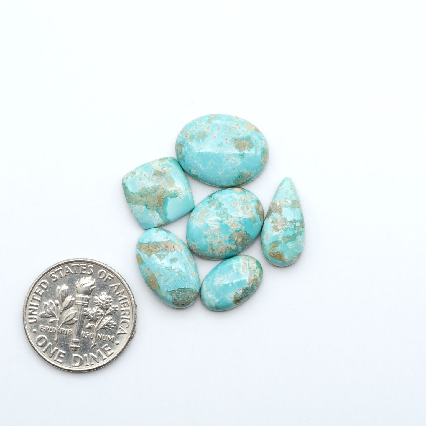 Fox Turquoise cabochons, polished gemstones with natural matrix on a white background, with a US dime for scale