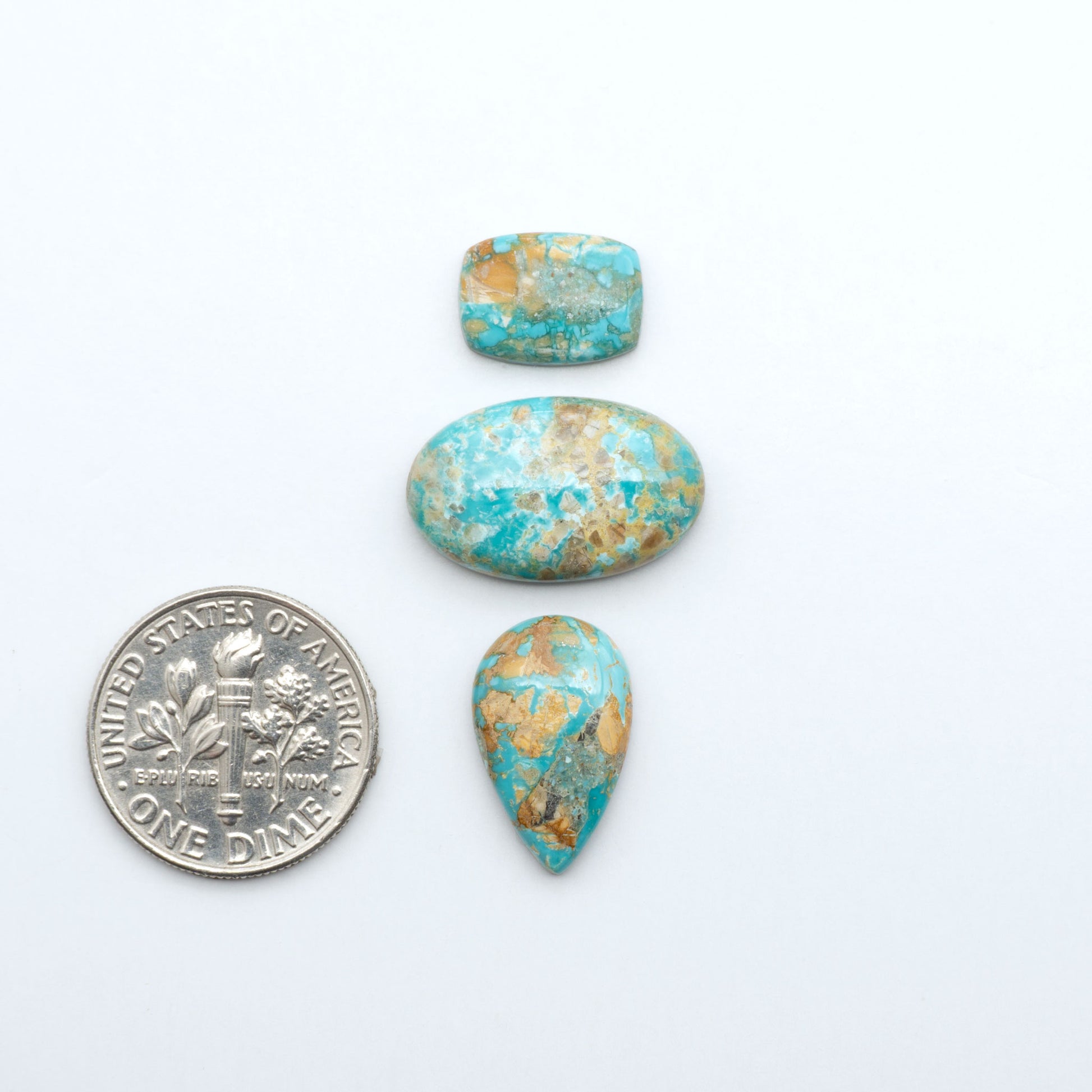 Fox Turquoise cabochons, polished gemstones with natural matrix on a white background, with a US dime for scale