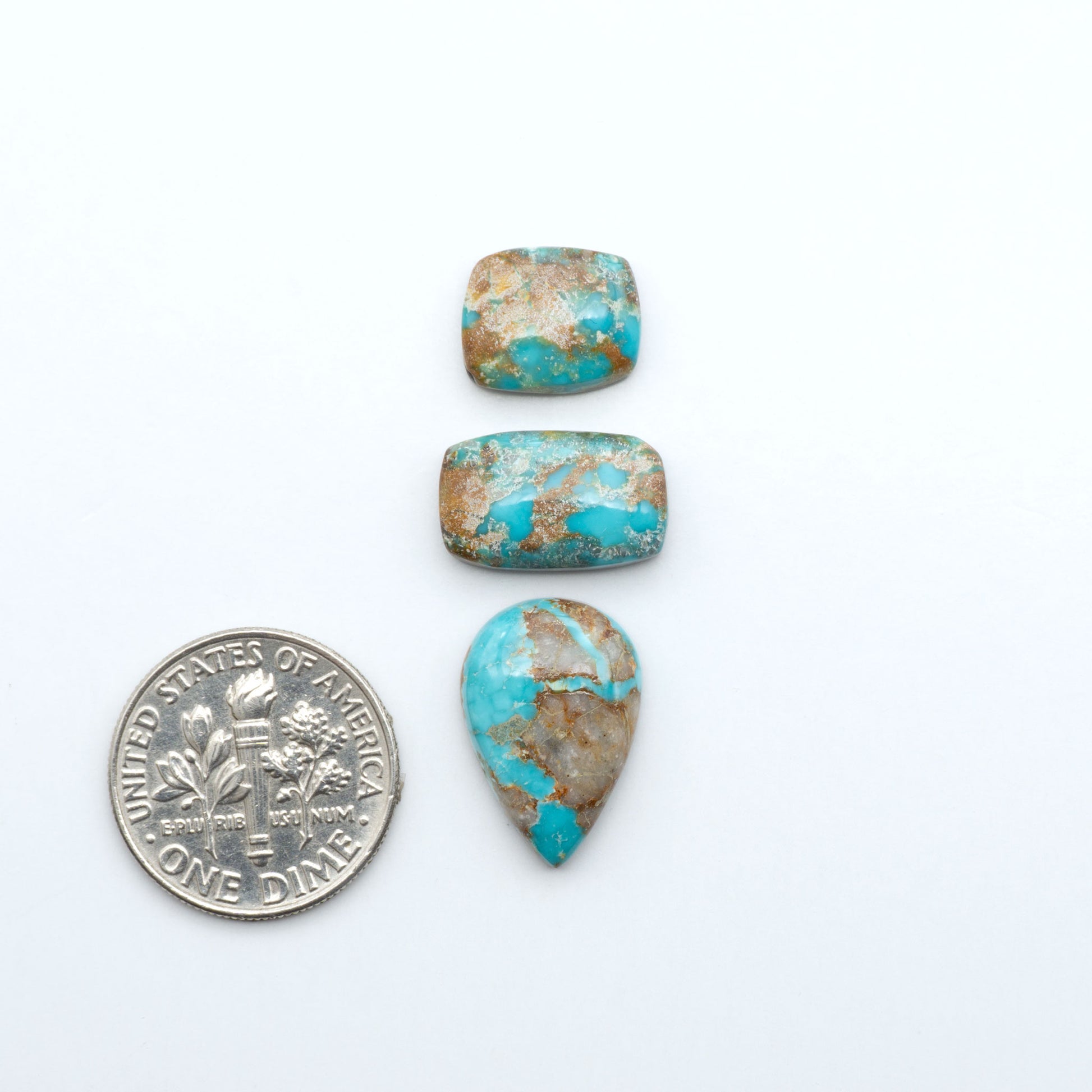 Fox Turquoise cabochons, polished gemstones with natural matrix on a white background, with a US dime for scale