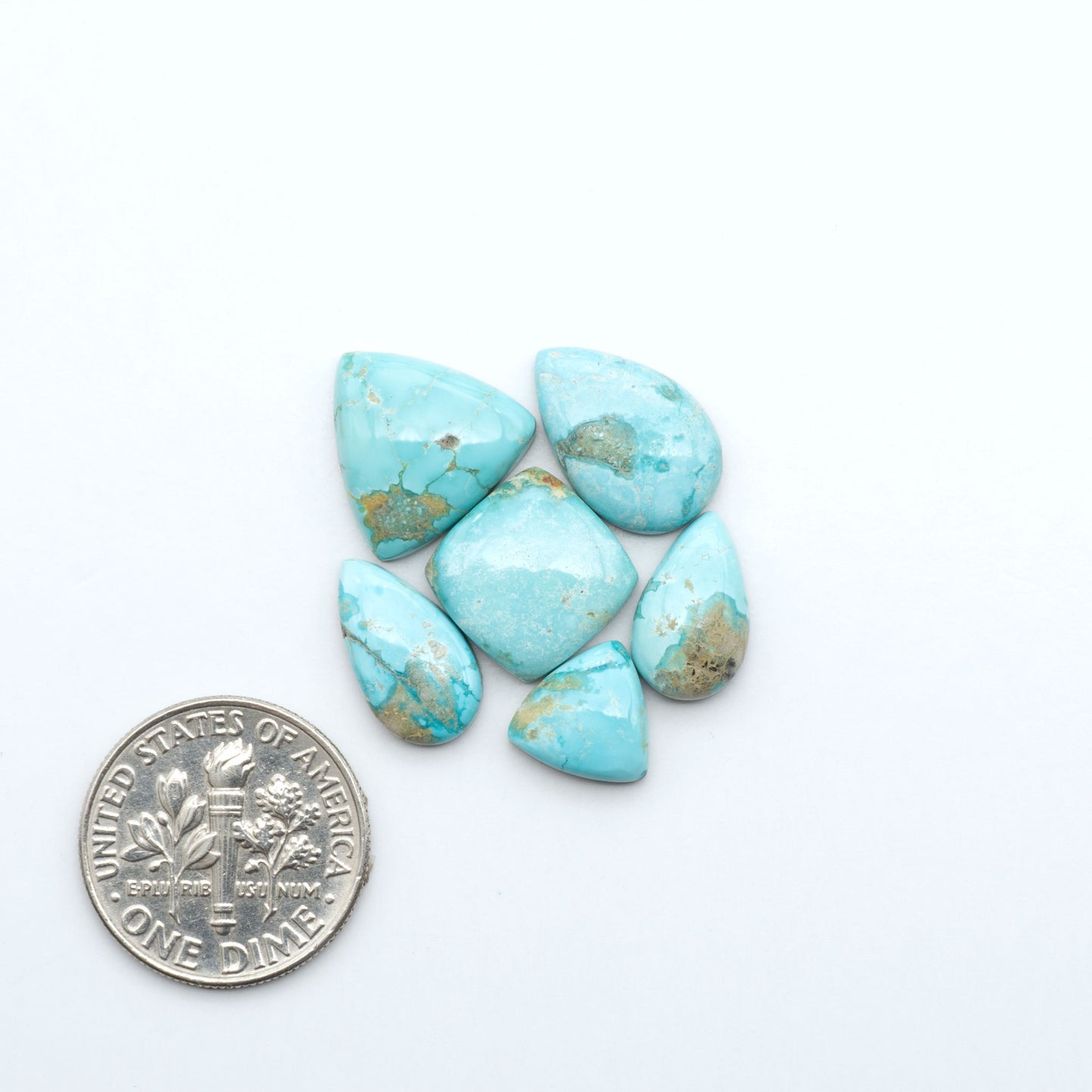 Fox Turquoise cabochons, polished gemstones with natural matrix on a white background, with a US dime for scale