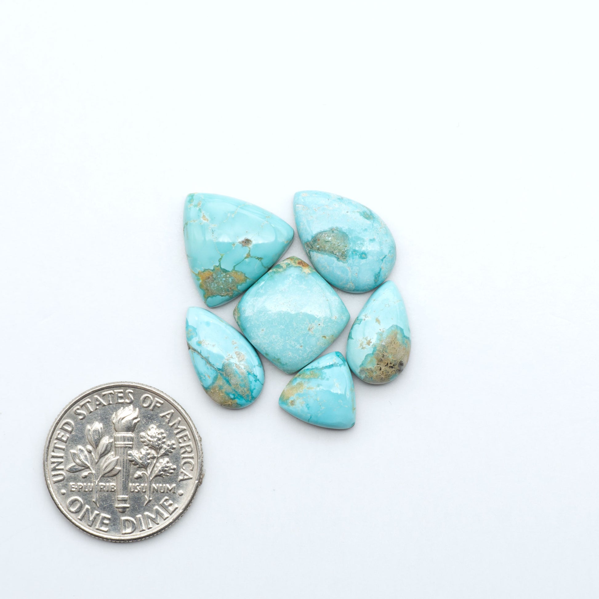 Fox Turquoise cabochons, polished gemstones with natural matrix on a white background, with a US dime for scale