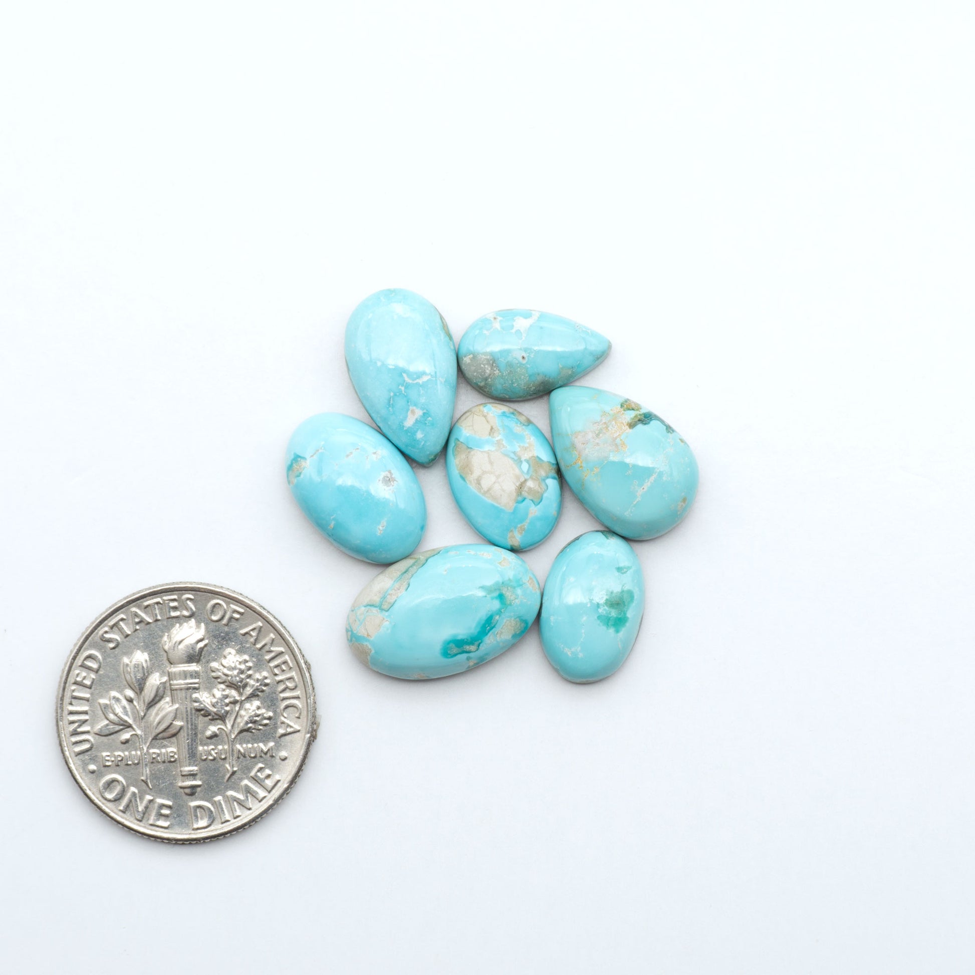Fox Turquoise cabochons, polished gemstones with natural matrix on a white background, with a US dime for scale