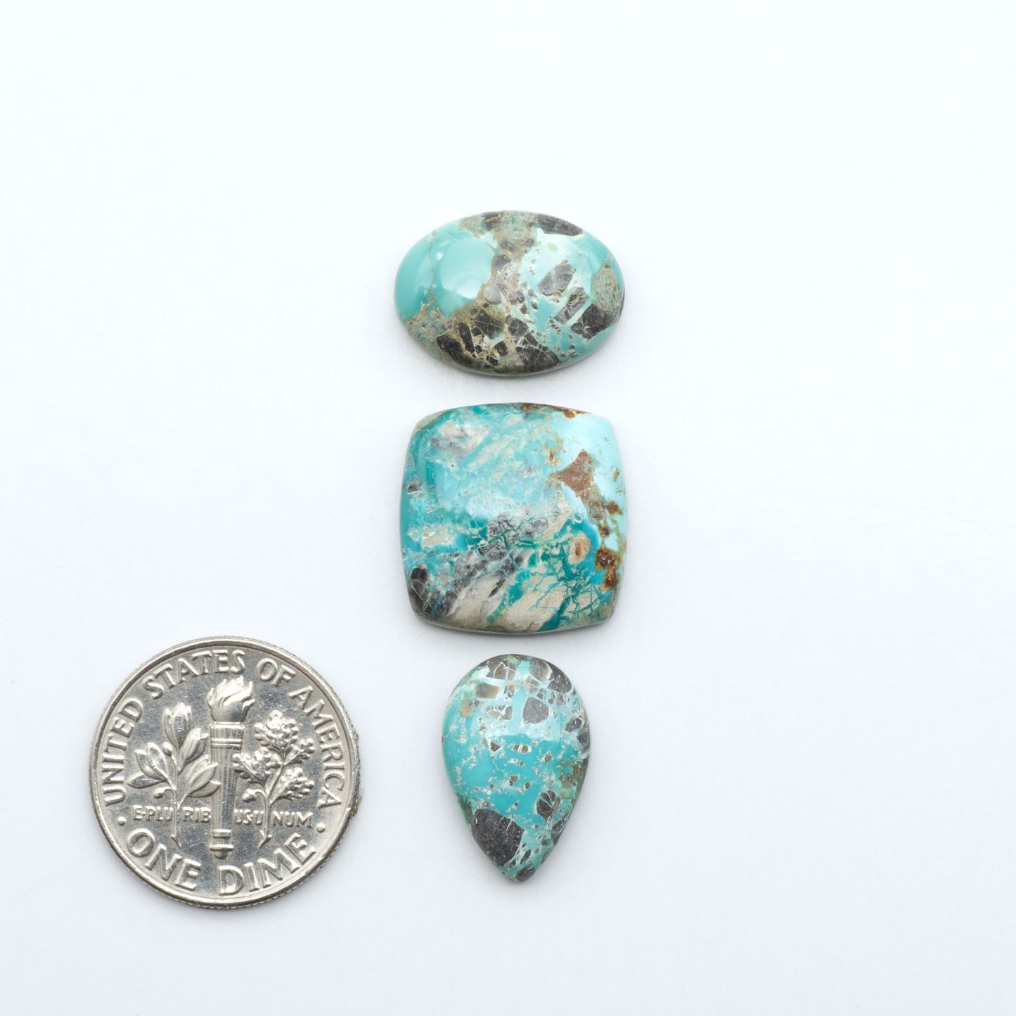 Fox Turquoise cabochons, polished gemstones with natural matrix on a white background, with a US dime for scale