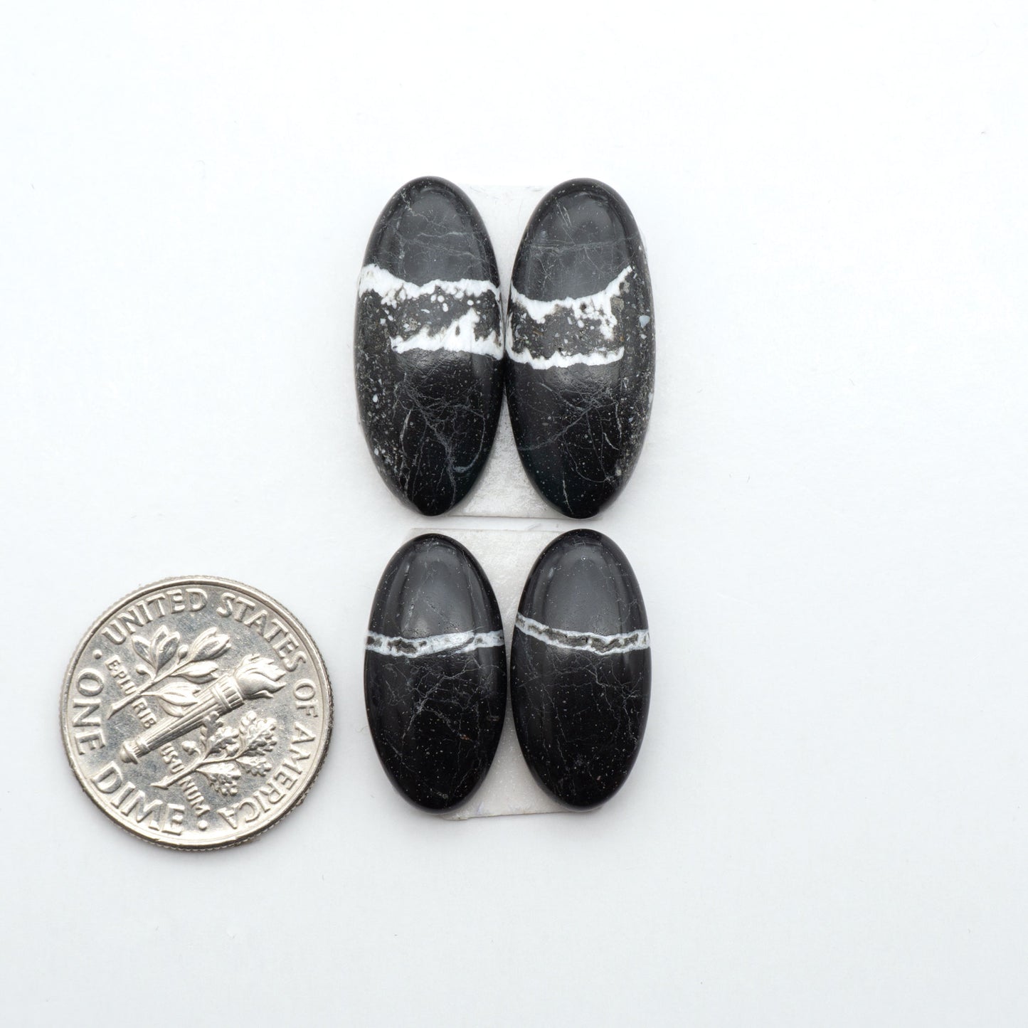 White Buffalo stone cabochons, white stone with black matrix, polished stones on a white background, with a US dime for scale