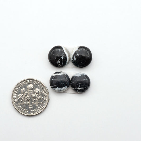 White Buffalo stone cabochons, white stone with black matrix, polished stones on a white background, with a US dime for scale