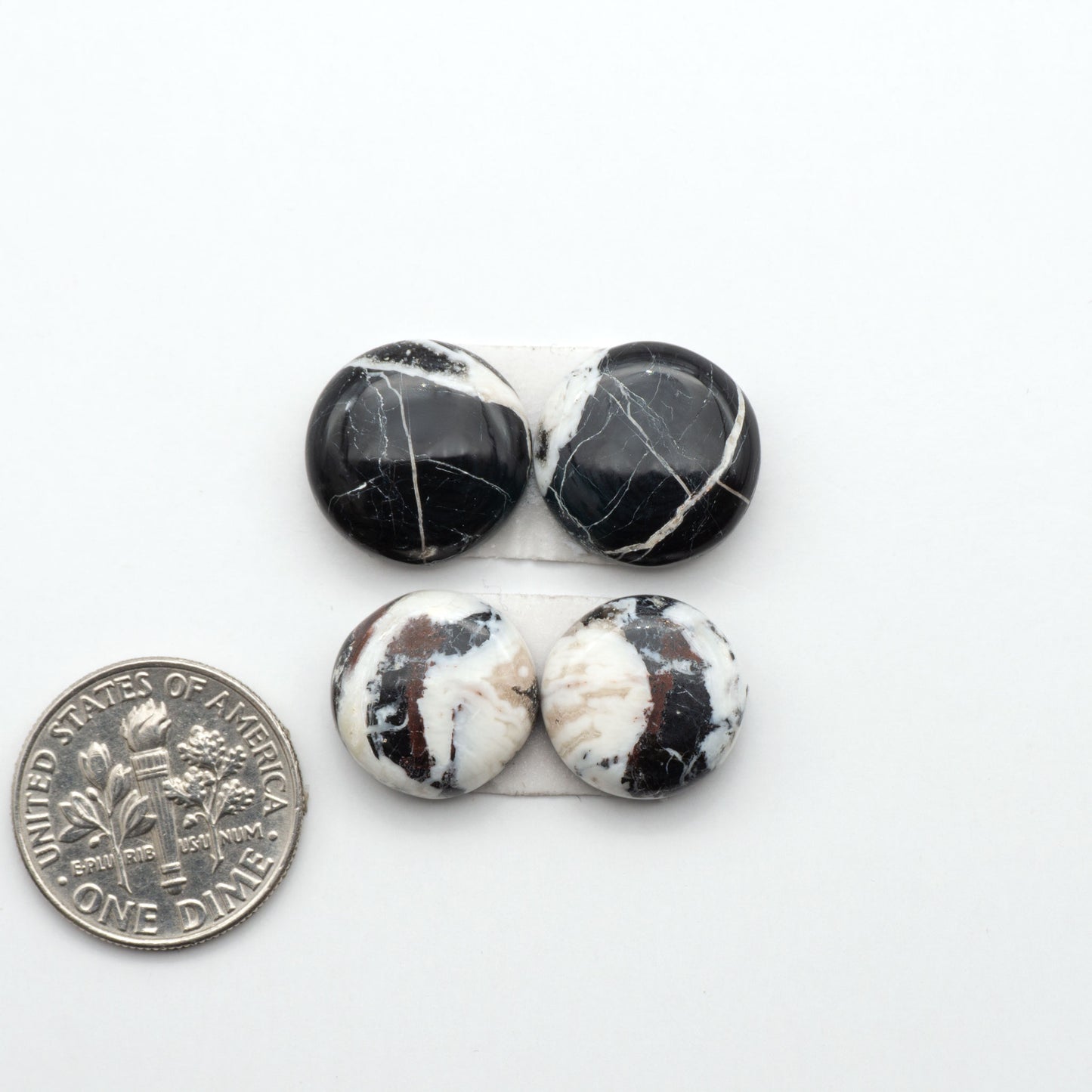 White Buffalo stone cabochons, white stone with black matrix, polished stones on a white background, with a US dime for scale
