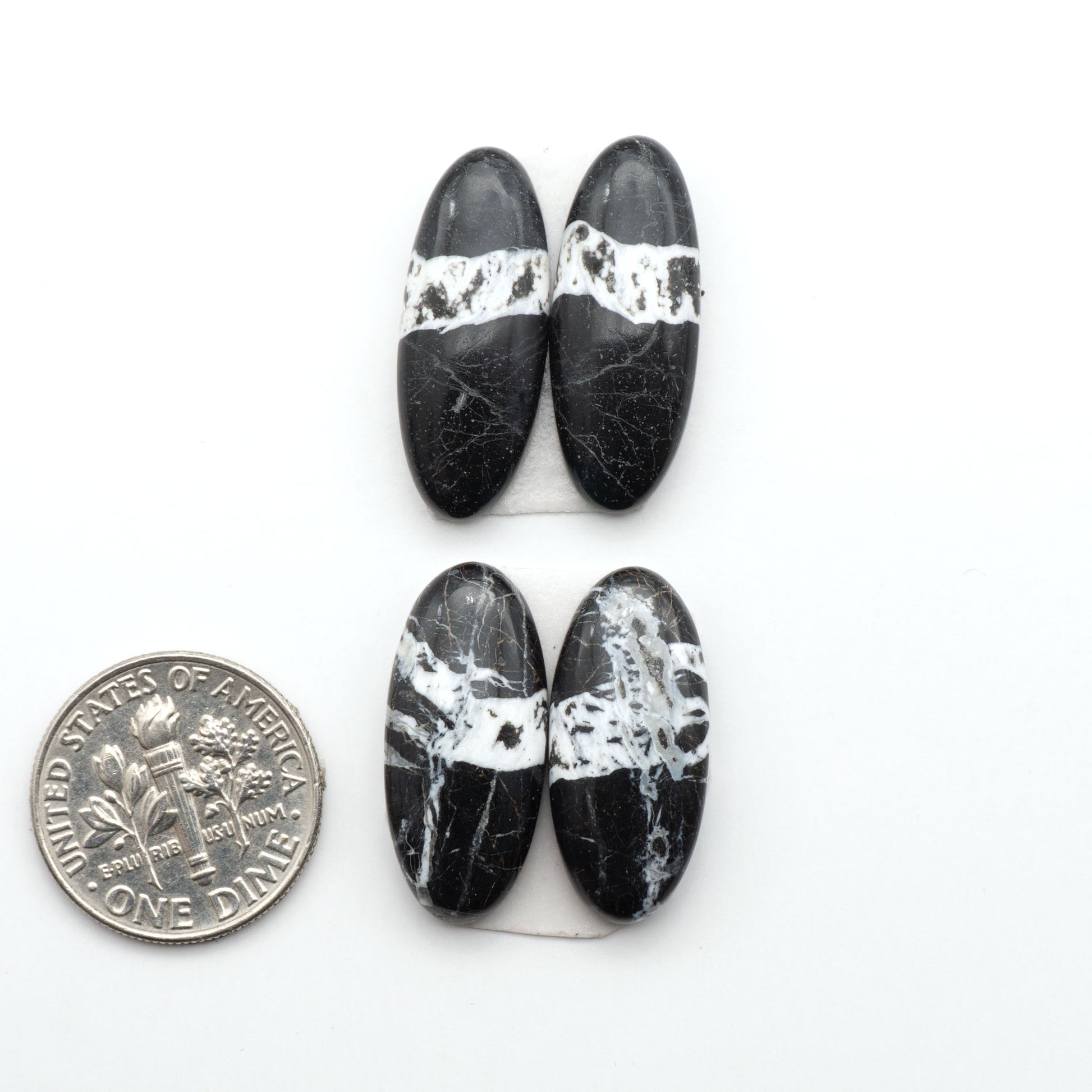 White Buffalo stone cabochons, white stone with black matrix, polished stones on a white background, with a US dime for scale