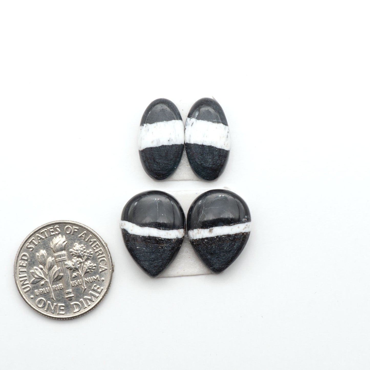 White Buffalo stone cabochons, white stone with black matrix, polished stones on a white background, with a US dime for scale