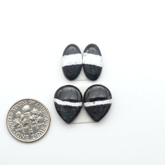 White Buffalo stone cabochons, white stone with black matrix, polished stones on a white background, with a US dime for scale