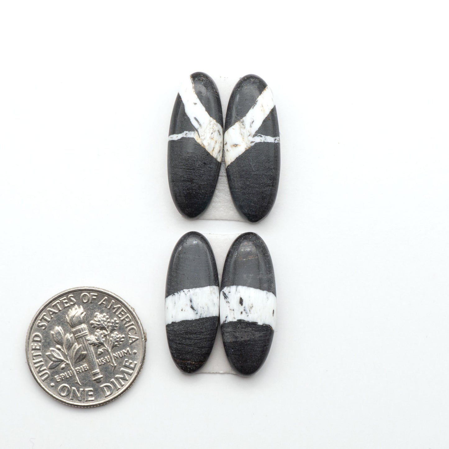 White Buffalo stone cabochons, white stone with black matrix, polished stones on a white background, with a US dime for scale