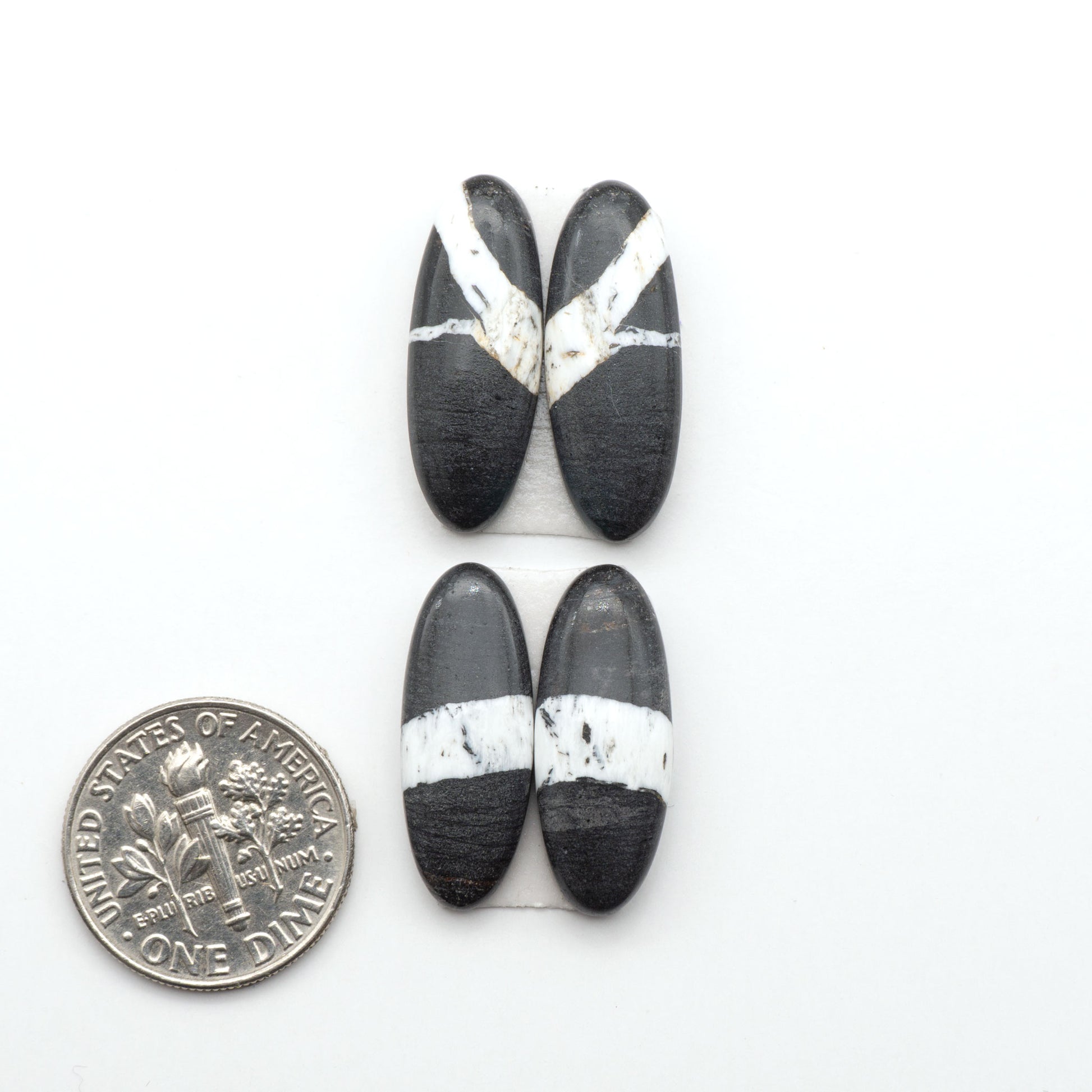 White Buffalo stone cabochons, white stone with black matrix, polished stones on a white background, with a US dime for scale