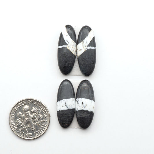 White Buffalo stone cabochons, white stone with black matrix, polished stones on a white background, with a US dime for scale
