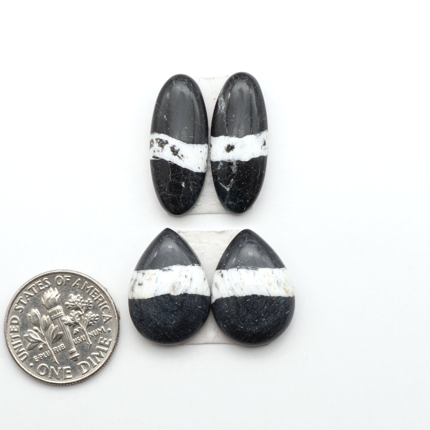 White Buffalo stone cabochons, white stone with black matrix, polished stones on a white background, with a US dime for scale