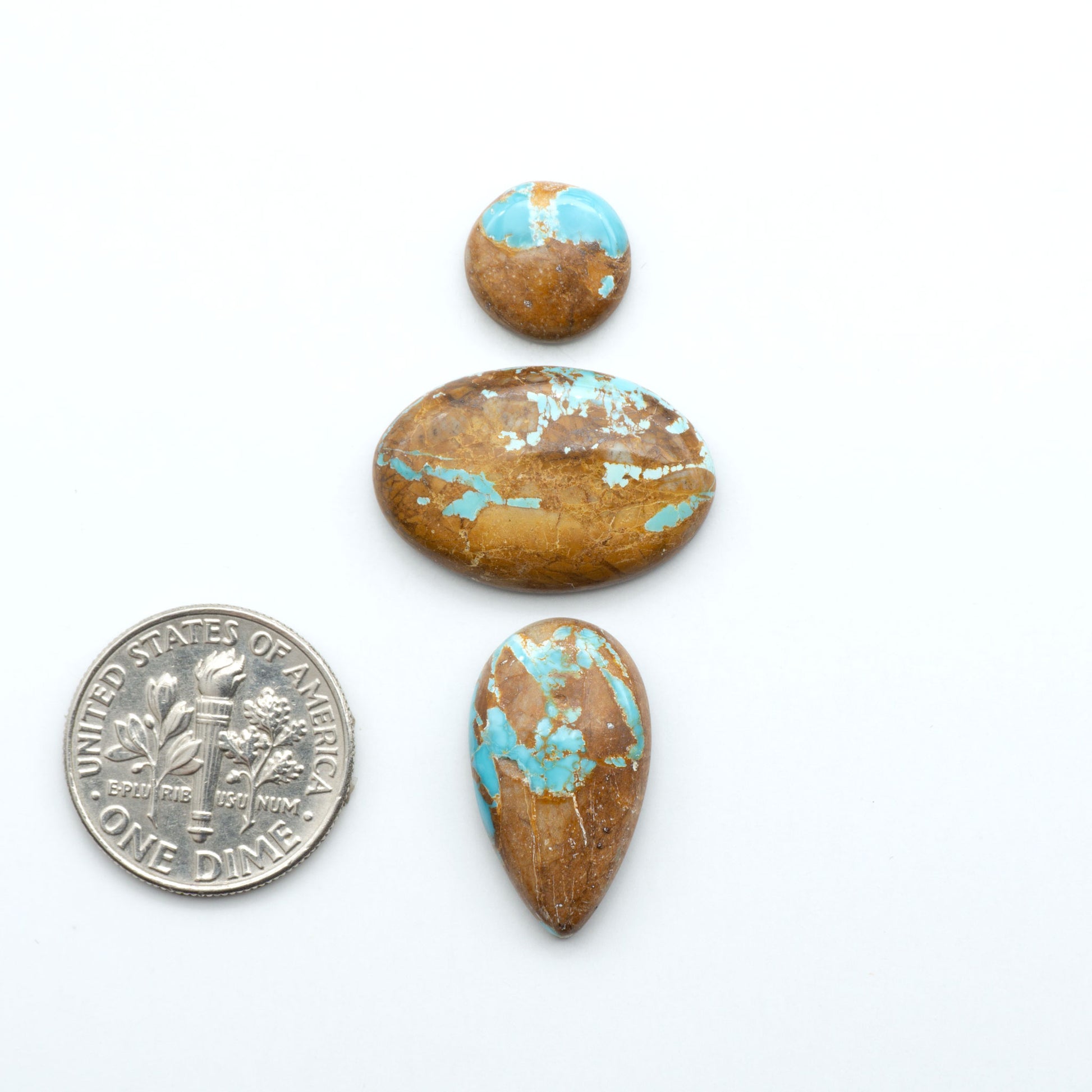 Royston Turquoise cabochons, blue-green color with natural matrix, polished stones on a white background, with a US dime for scale