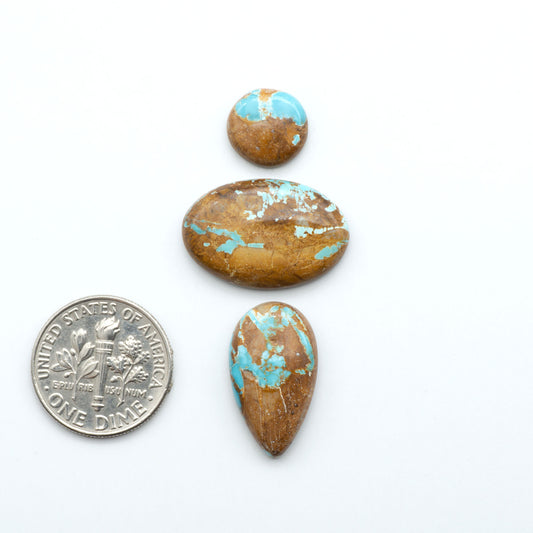 Royston Turquoise cabochons, blue-green color with natural matrix, polished stones on a white background, with a US dime for scale