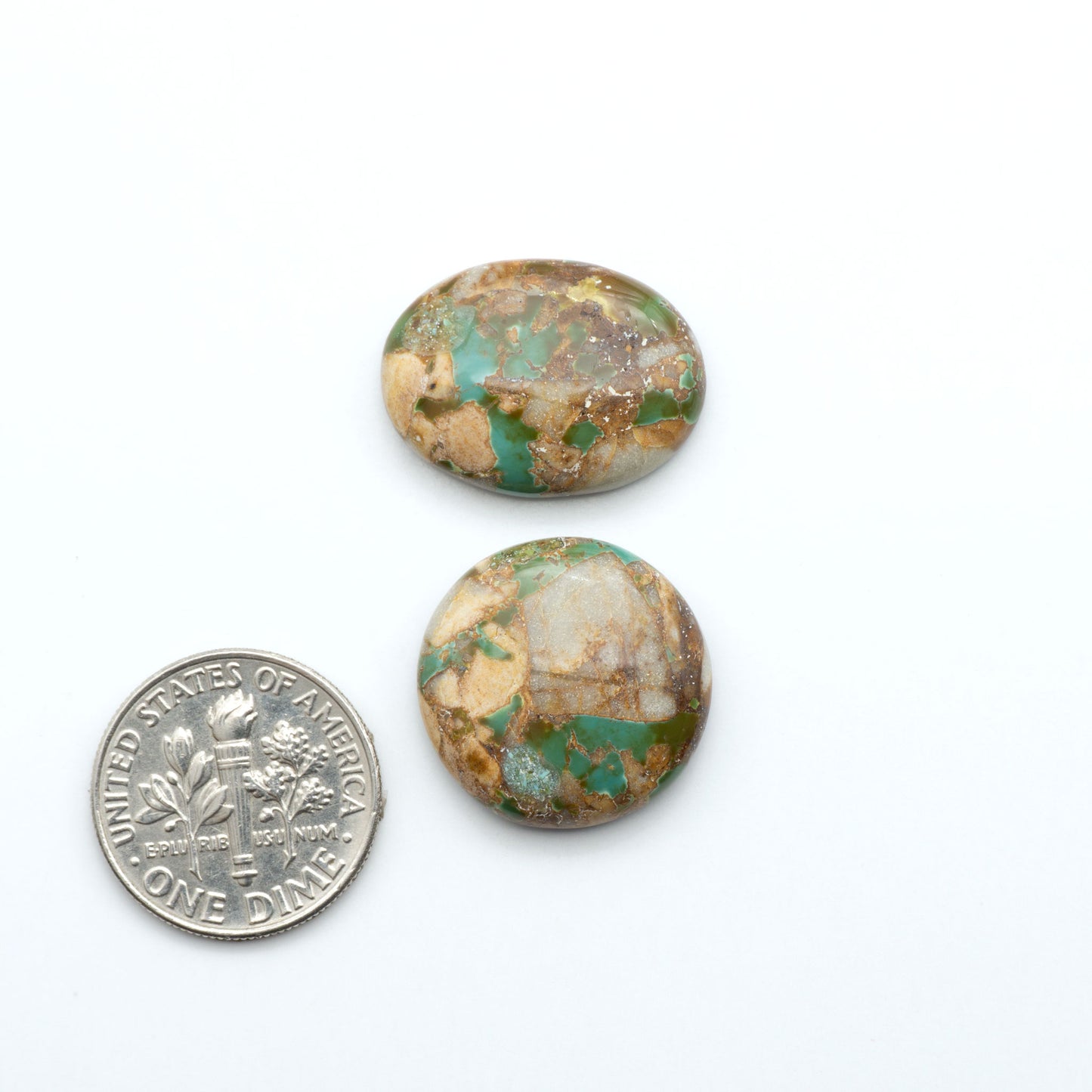 Royston Turquoise cabochons, blue-green color with natural matrix, polished stones on a white background, with a US dime for scale