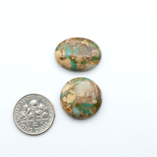 Royston Turquoise cabochons, blue-green color with natural matrix, polished stones on a white background, with a US dime for scale