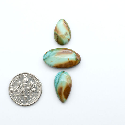 Royston Turquoise cabochons, blue-green color with natural matrix, polished stones on a white background, with a US dime for scale