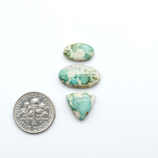 Royston Turquoise cabochons, blue-green color with natural matrix, polished stones on a white background, with a US dime for scale