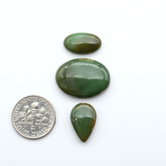 Royston Turquoise cabochons, blue-green color with natural matrix, polished stones on a white background, with a US dime for scale