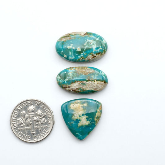 Royston Turquoise cabochons, blue-green color with natural matrix, polished stones on a white background, with a US dime for scale