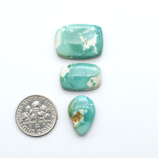 Royston Turquoise cabochons, blue-green color with natural matrix, polished stones on a white background, with a US dime for scale
