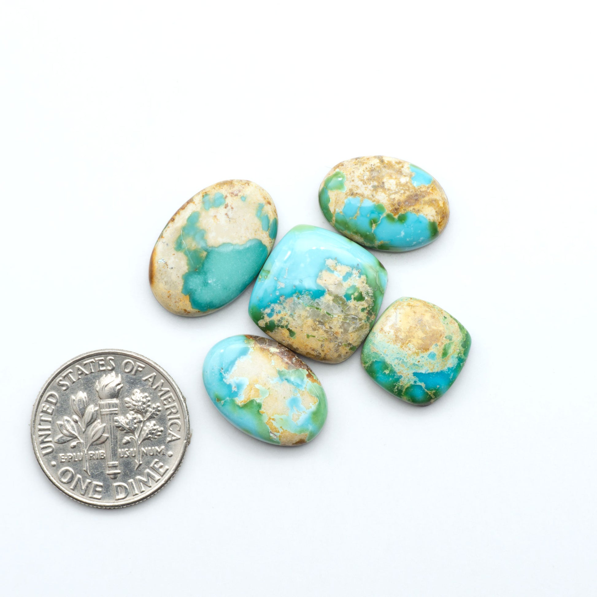 Sonoran Mountain Turquoise cabochons, blue-green color with natural matrix, polished stones on a white background, with a US dime for scale