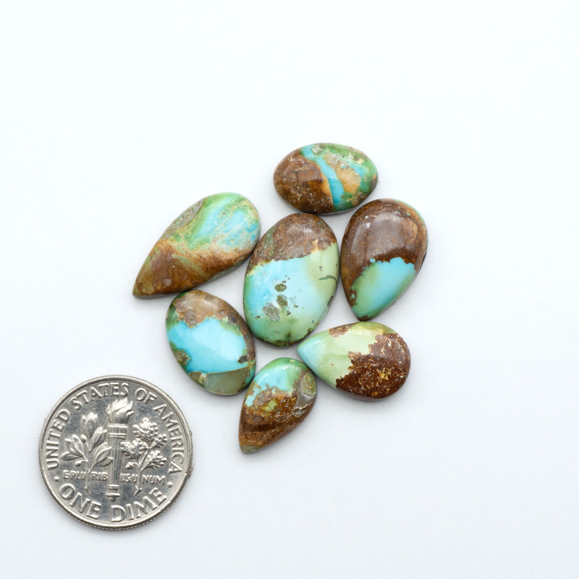 Sonoran Mountain Turquoise cabochons, blue-green color with natural matrix, polished stones on a white background, with a US dime for scale