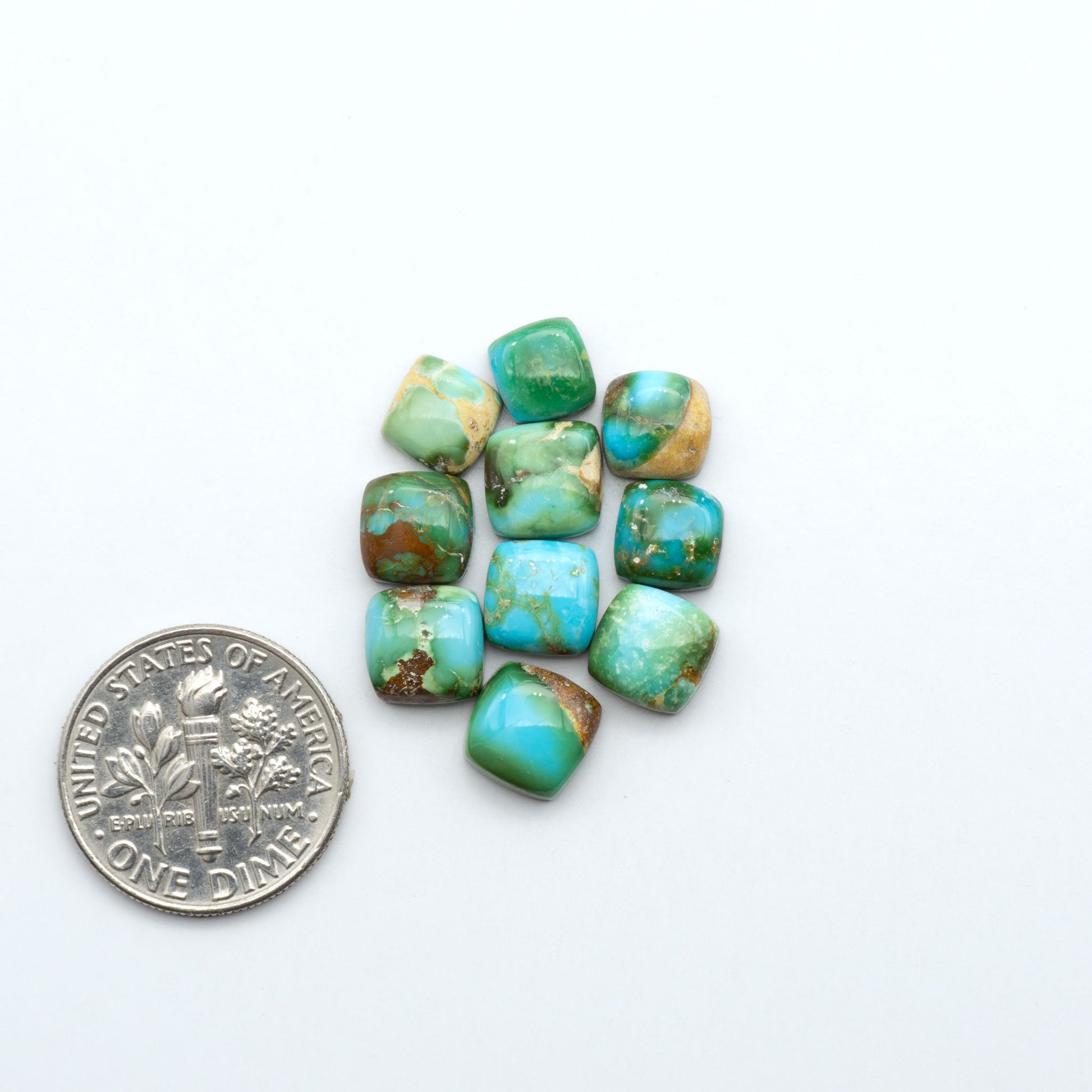 Sonoran Mountain Turquoise cabochons, blue-green color with natural matrix, polished stones on a white background, with a US dime for scale