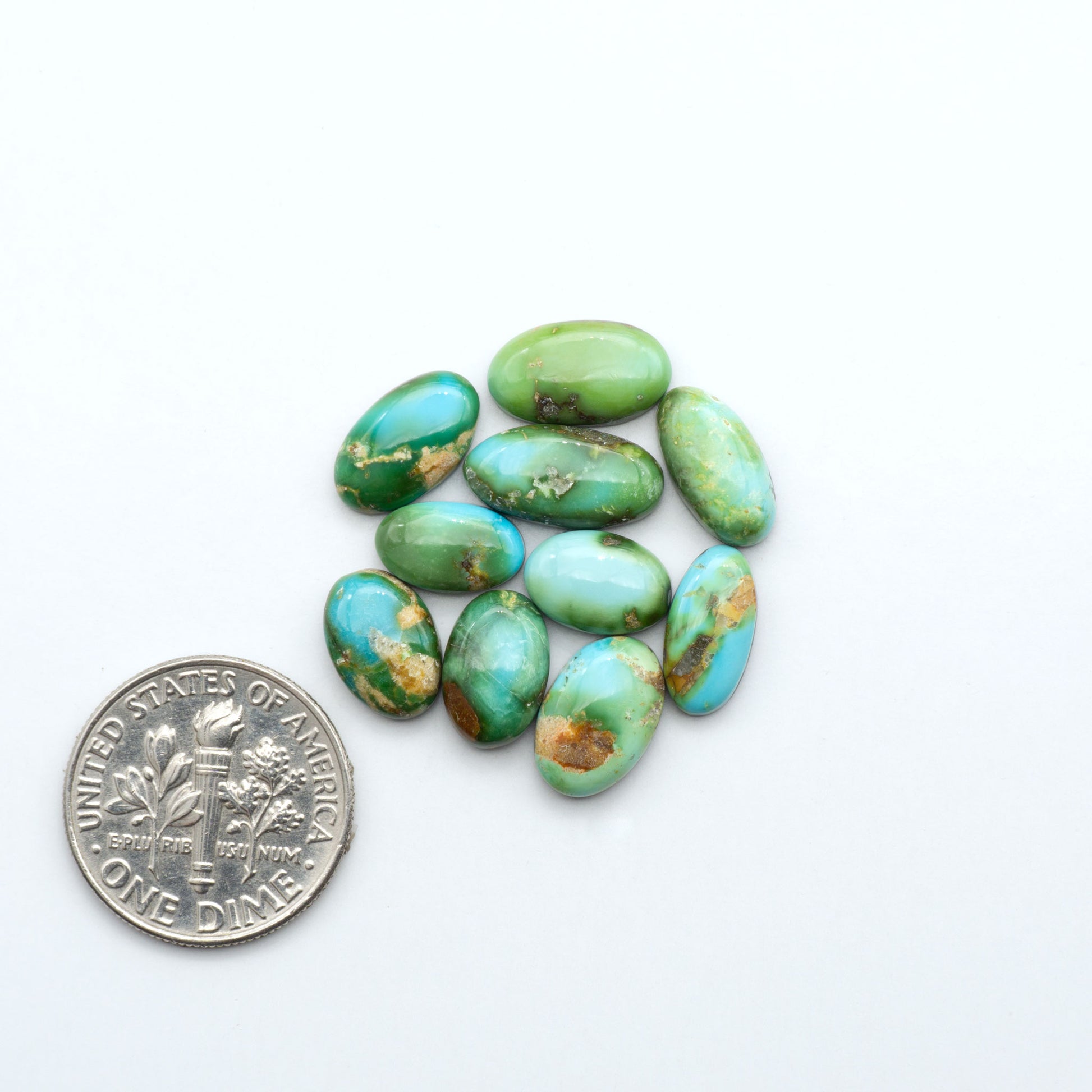 Sonoran Mountain Turquoise cabochons, blue-green color with natural matrix, polished stones on a white background, with a US dime for scale