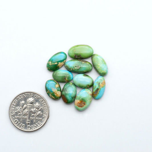 Sonoran Mountain Turquoise cabochons, blue-green color with natural matrix, polished stones on a white background, with a US dime for scale