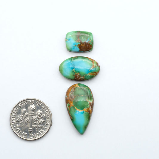 Sonoran Mountain Turquoise cabochons, blue-green color with natural matrix, polished stones on a white background, with a US dime for scale