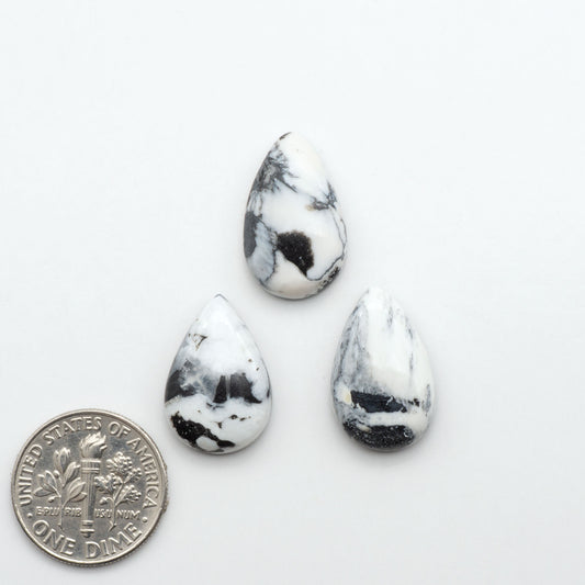 White Buffalo stone cabochons, white stone with black matrix, polished stones on a white background, with a US dime for scale