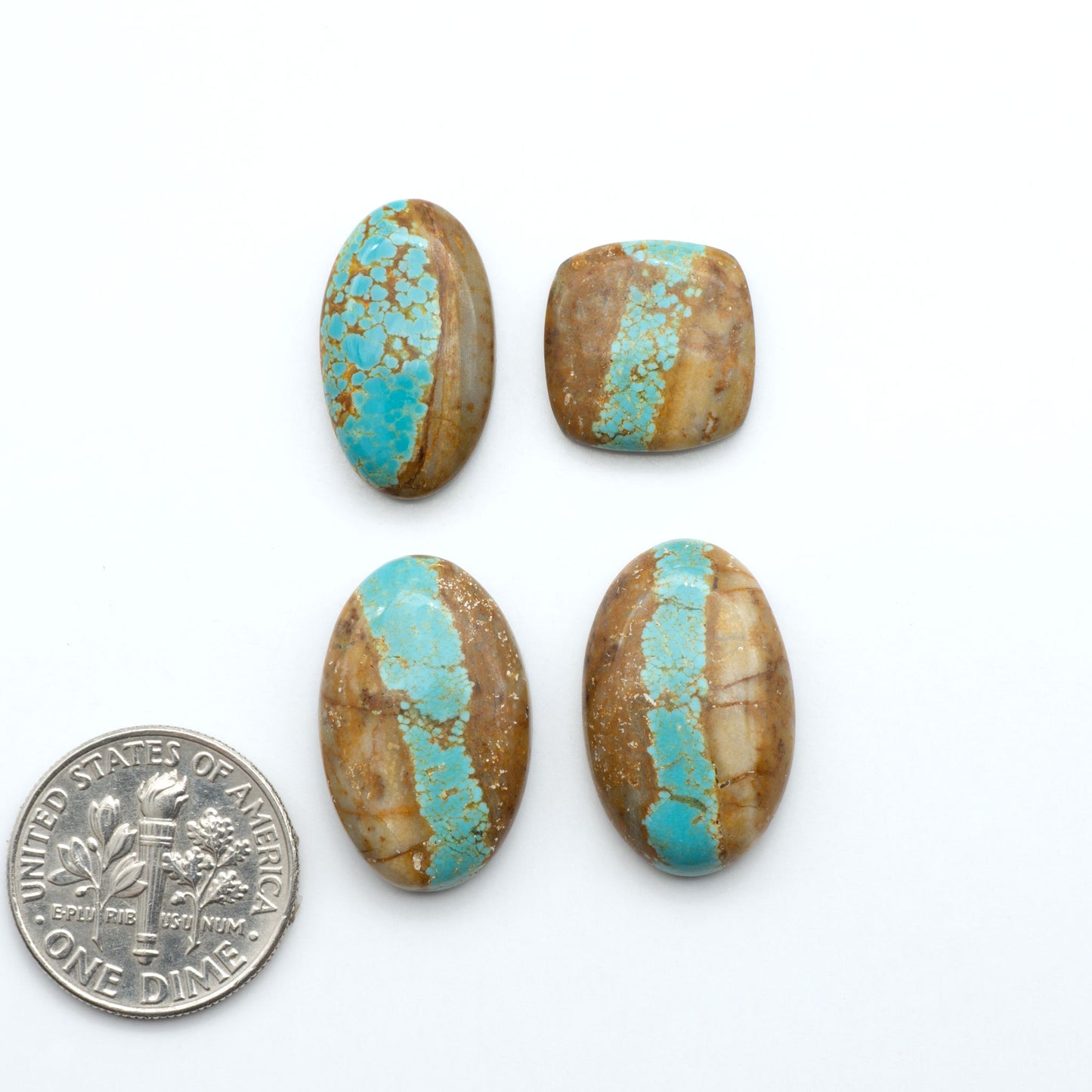 Number 8 Turquoise cabochons, blue and green color with brown matrix, polished stones on a white background, with a US dime for scale