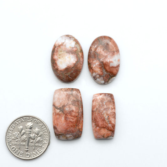 Wild Horse Magnesite cabochons, white gemstones with brown matrix on a white background, with a US dime for scale