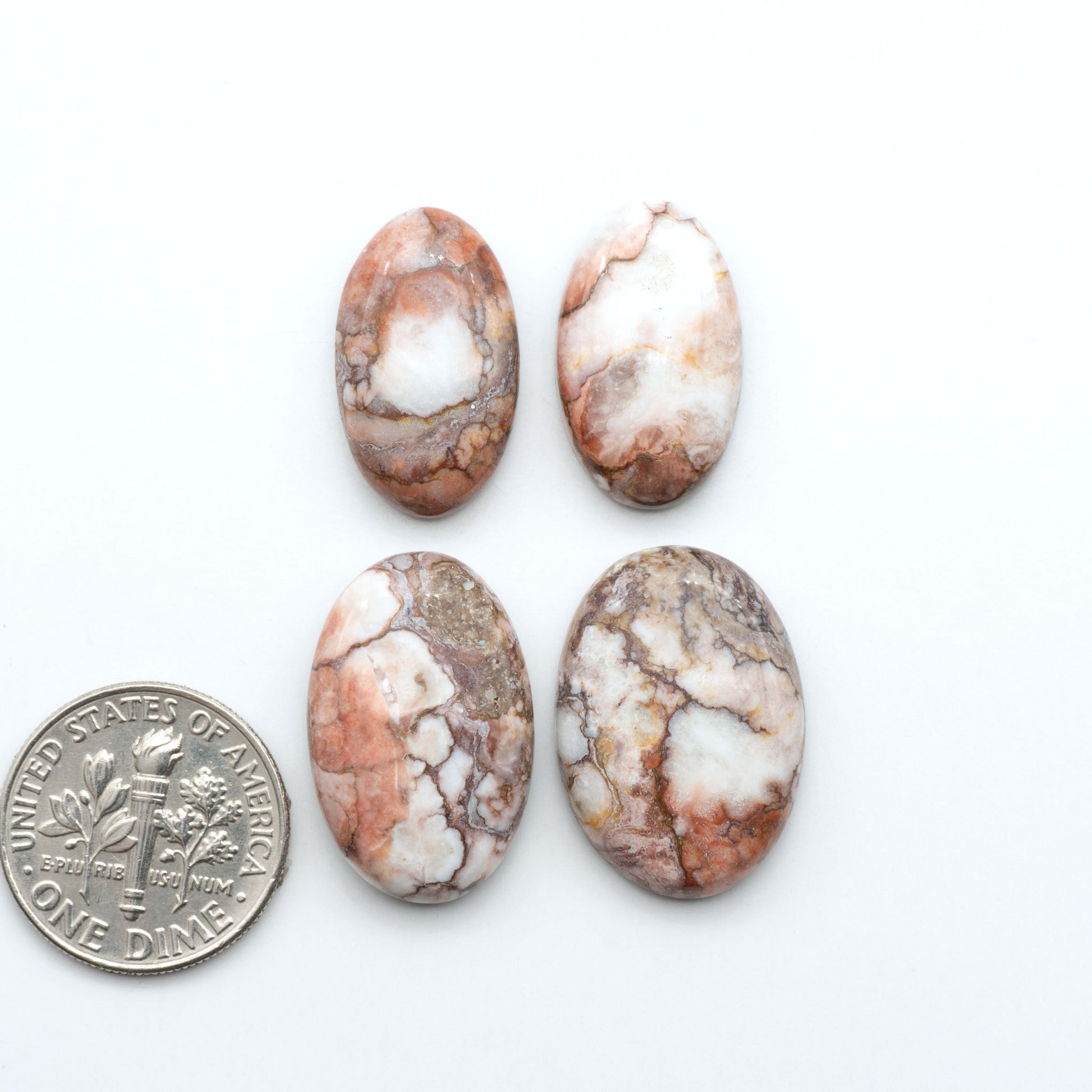 Wild Horse Magnesite cabochons, white gemstones with brown matrix on a white background, with a US dime for scale
