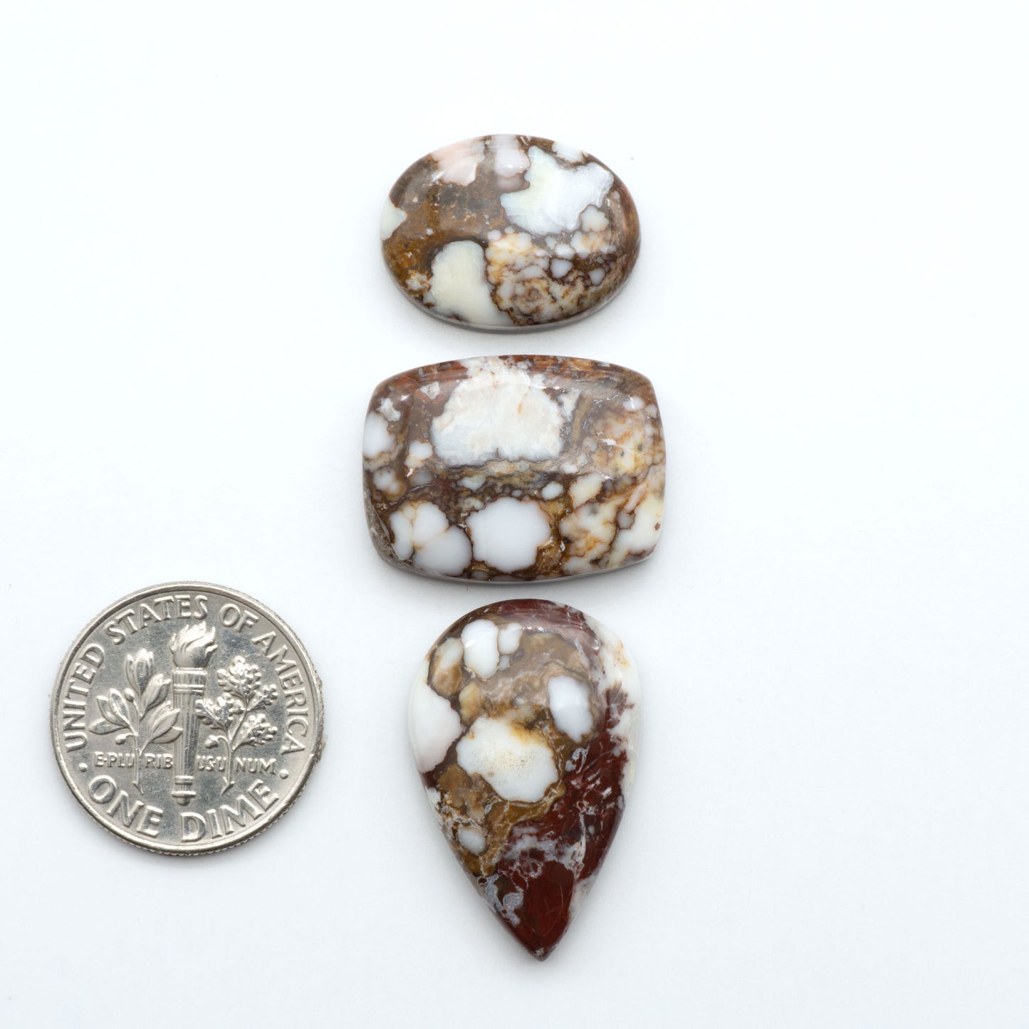 Wild Horse Magnesite cabochons, white gemstones with brown matrix on a white background, with a US dime for scale