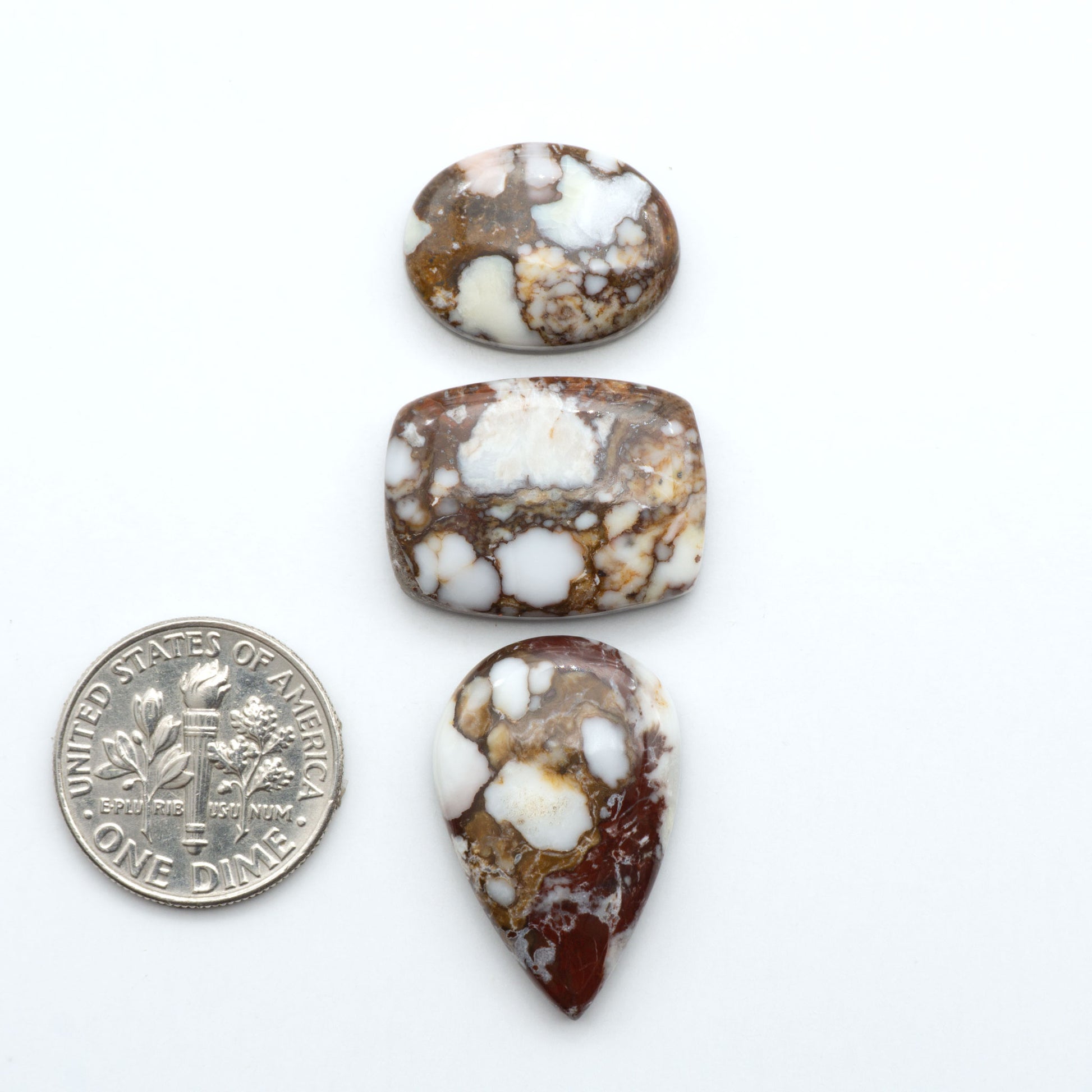 Wild Horse Magnesite cabochons, white gemstones with brown matrix on a white background, with a US dime for scale