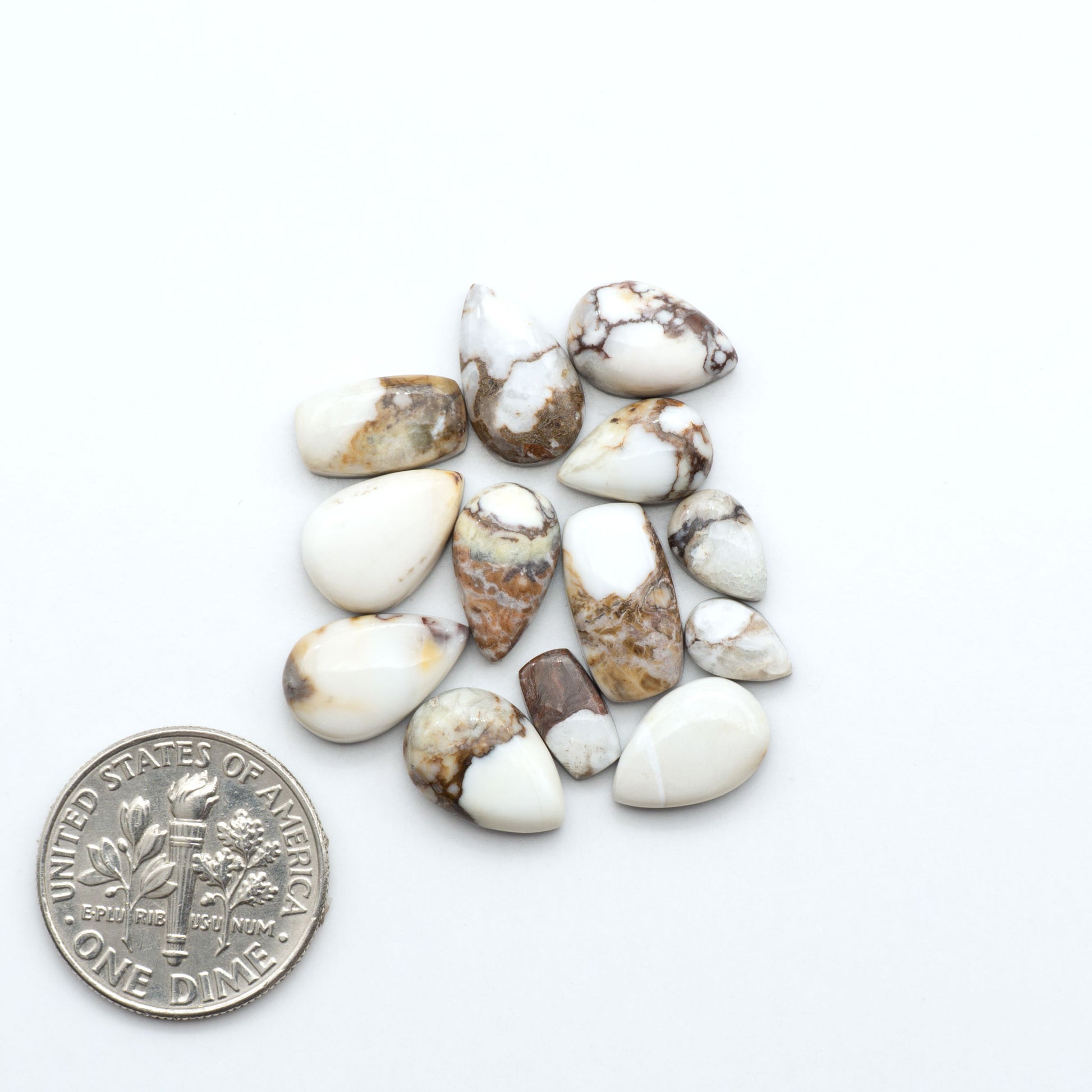 Wild Horse Magnesite cabochons, white gemstones with brown matrix on a white background, with a US dime for scale