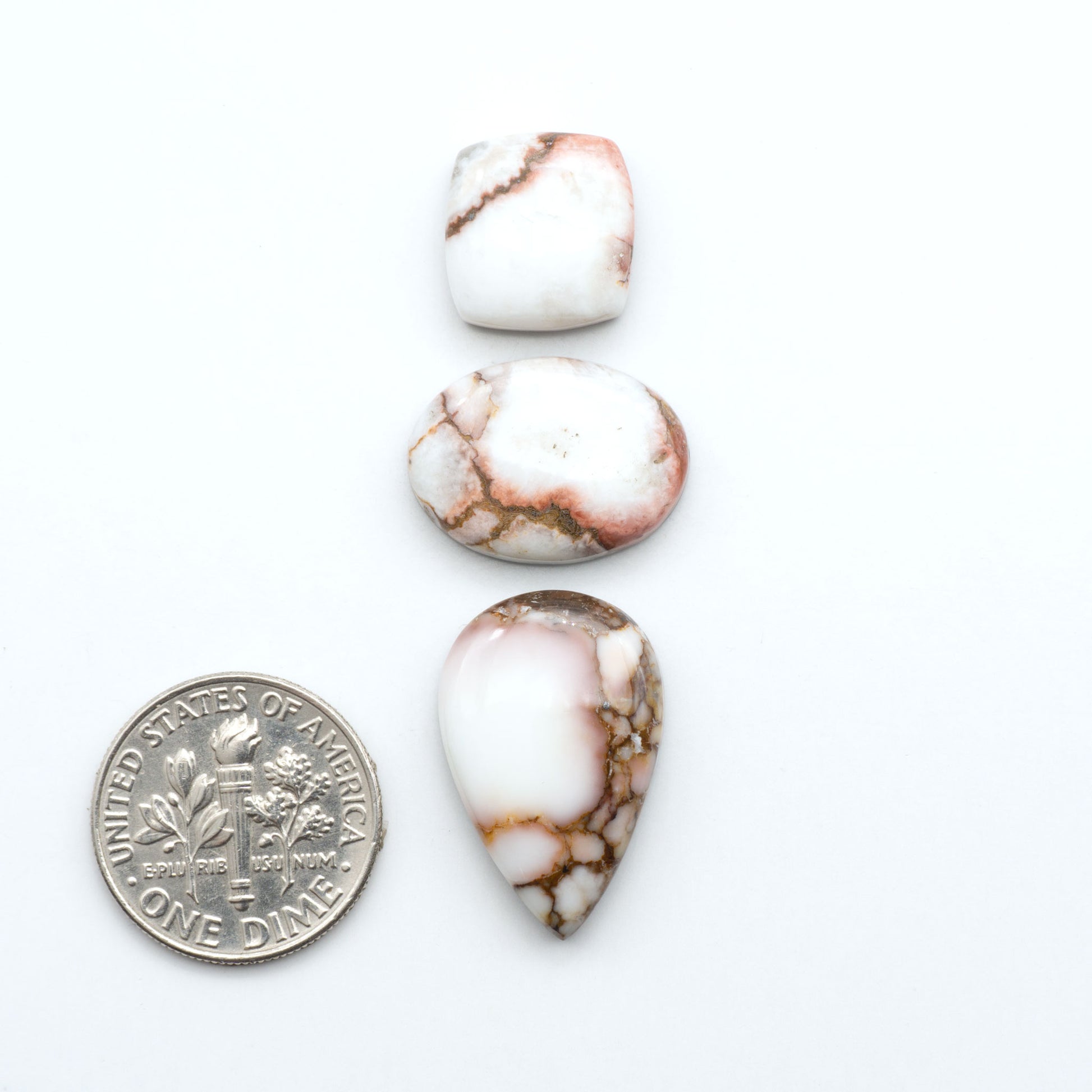 Wild Horse Magnesite cabochons, white gemstones with brown matrix on a white background, with a US dime for scale