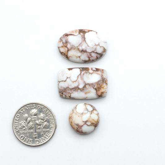 Wild Horse Magnesite cabochons, white gemstones with brown matrix on a white background, with a US dime for scale