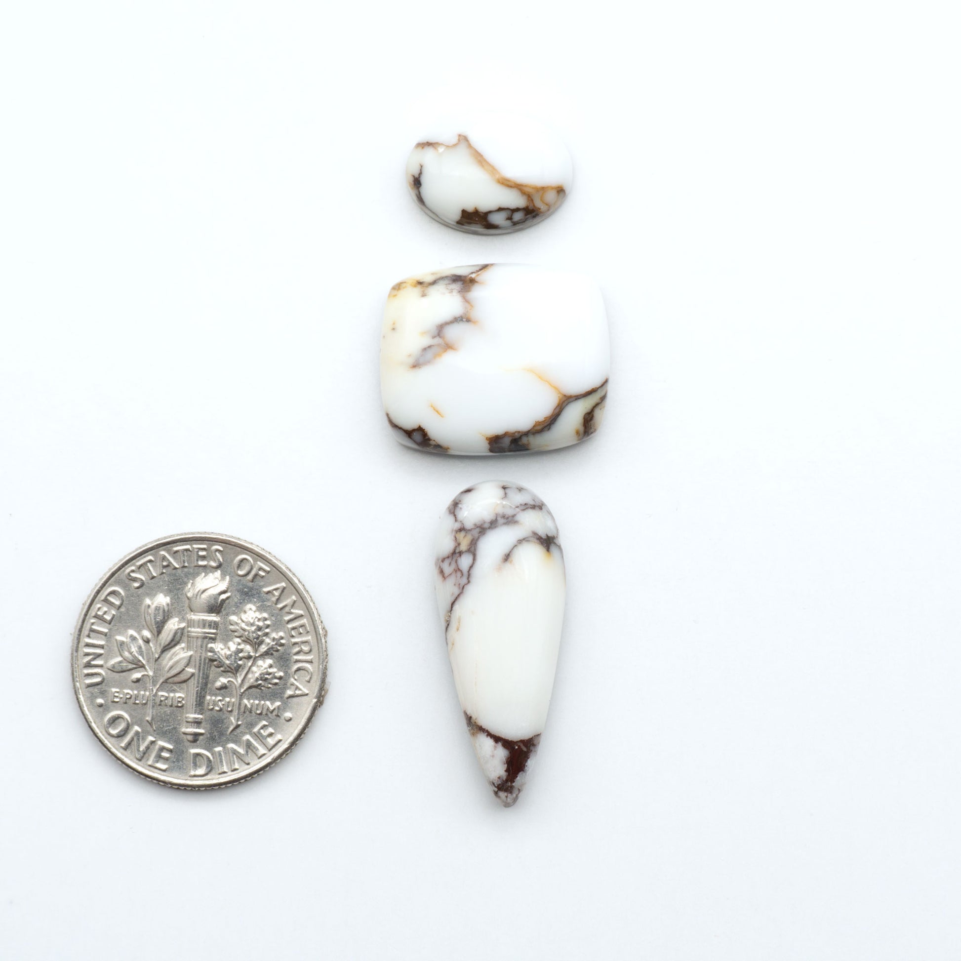 Wild Horse Magnesite cabochons, white gemstones with brown matrix on a white background, with a US dime for scale