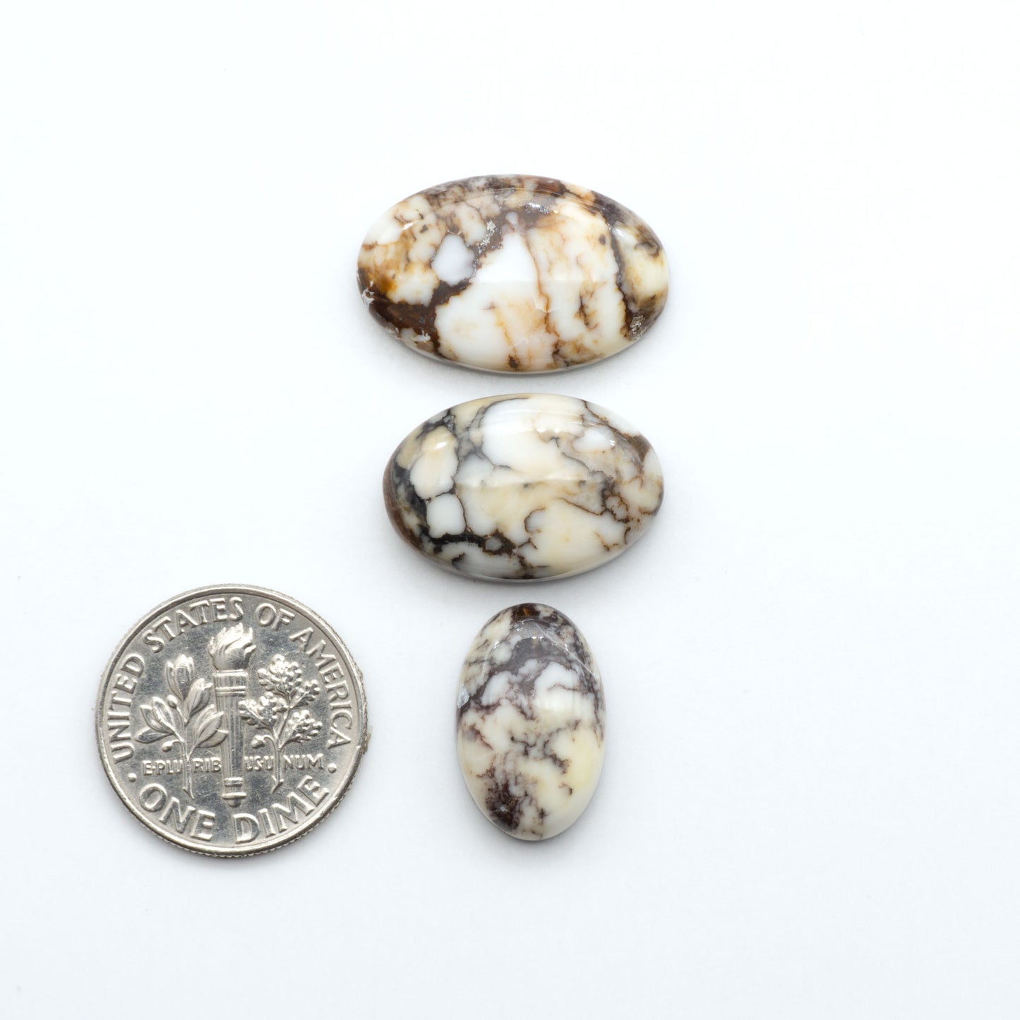 Wild Horse Magnesite cabochons, white gemstones with brown matrix on a white background, with a US dime for scale