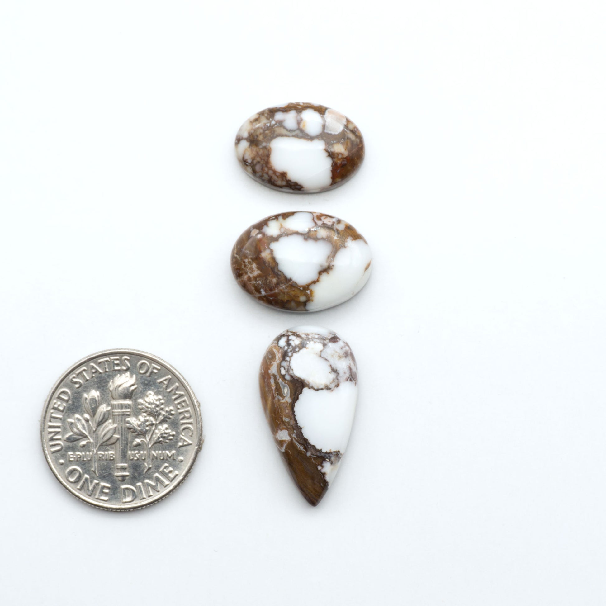 Wild Horse Magnesite cabochons, white gemstones with brown matrix on a white background, with a US dime for scale