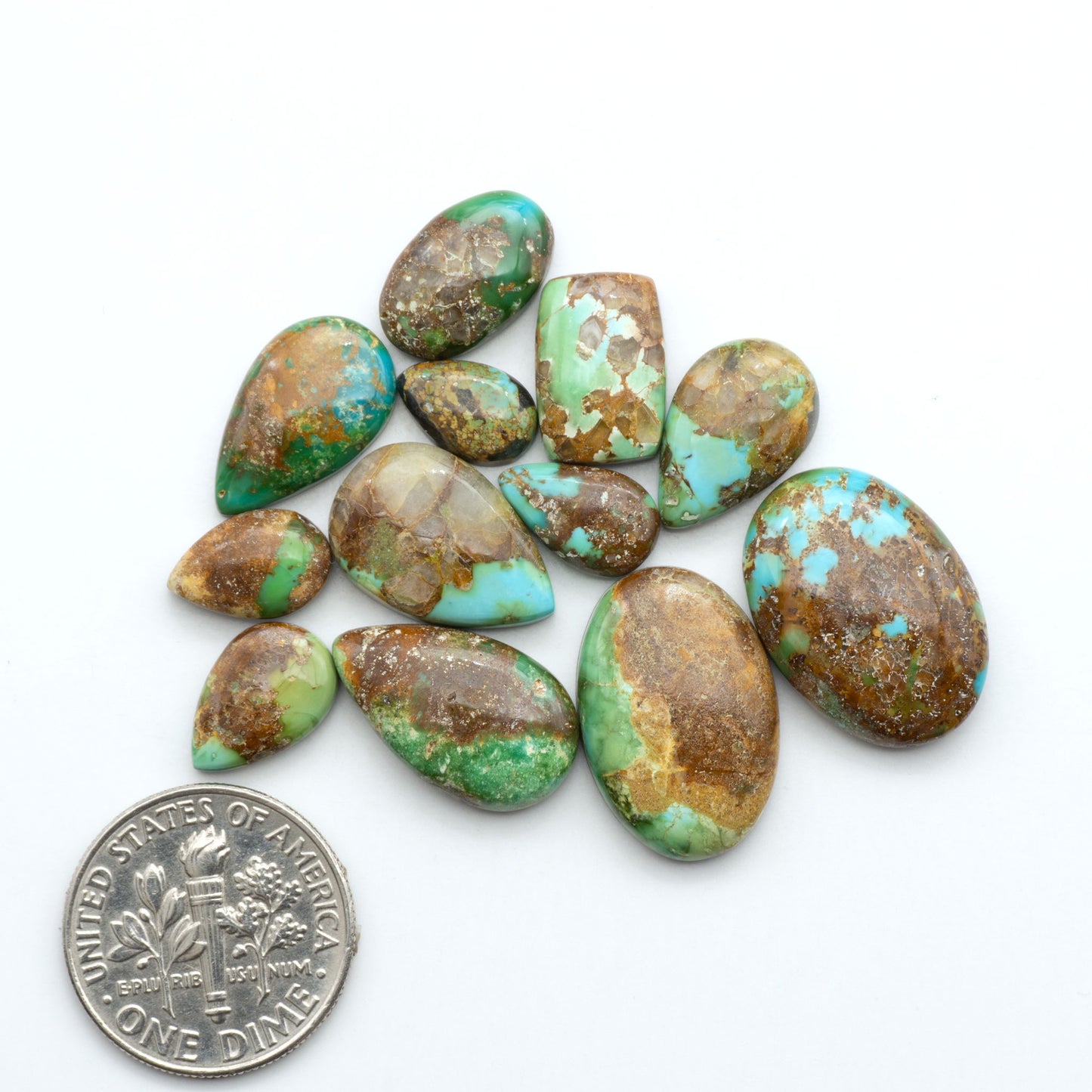 Sonoran Mountain Turquoise cabochons, blue-green color with natural matrix, polished stones on a white background, with a US dime for scale
