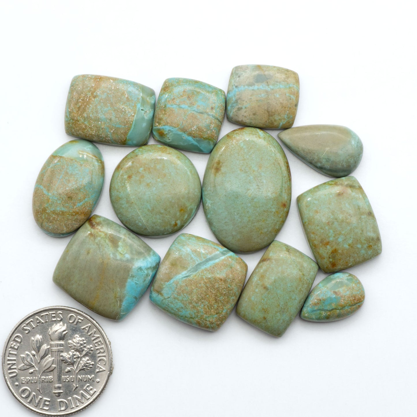 Number 8 Turquoise cabochons, blue and green color with brown matrix, polished stones on a white background, with a US dime for scale