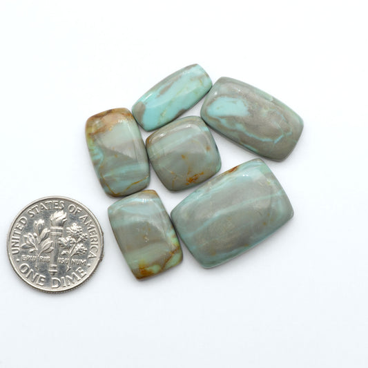Number 8 Turquoise cabochons, blue and green color with brown matrix, polished stones on a white background, with a US dime for scale